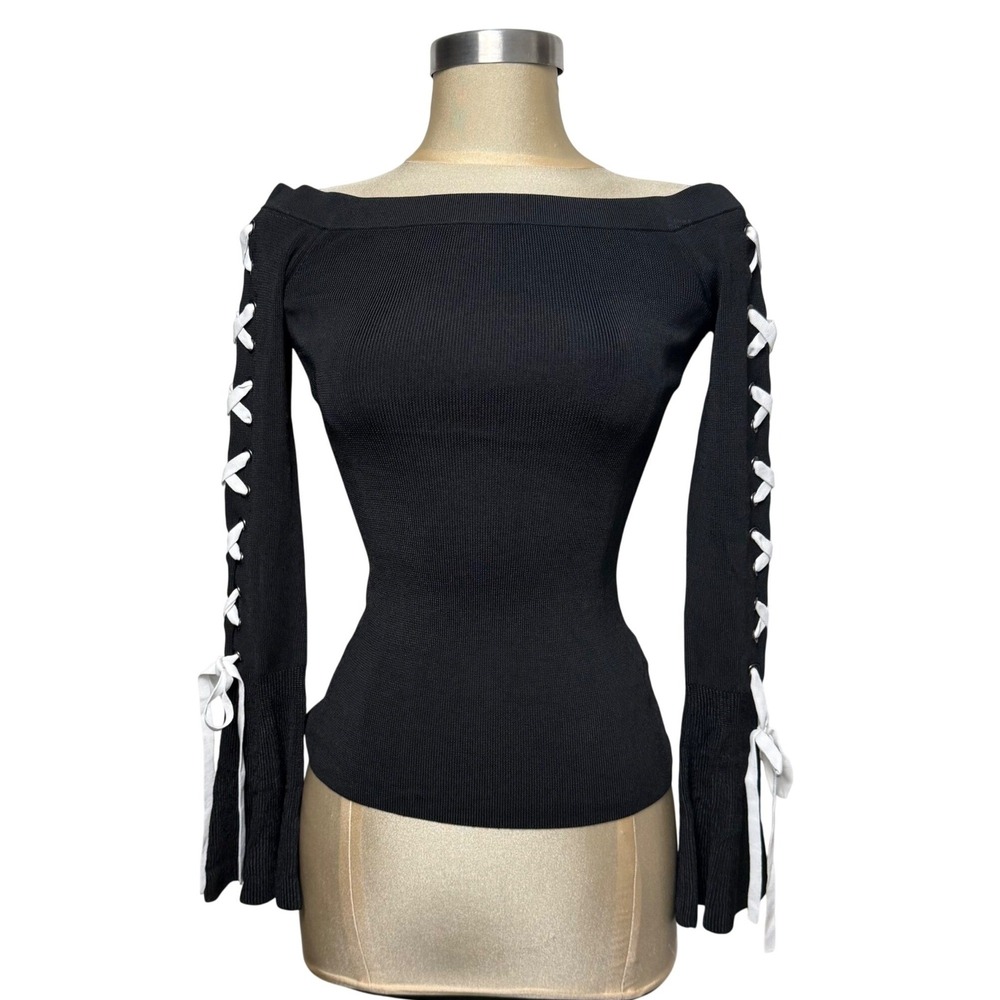 Scripted Black Off The Shoulder Lace Up Bell Sleeve Top XS NWT
